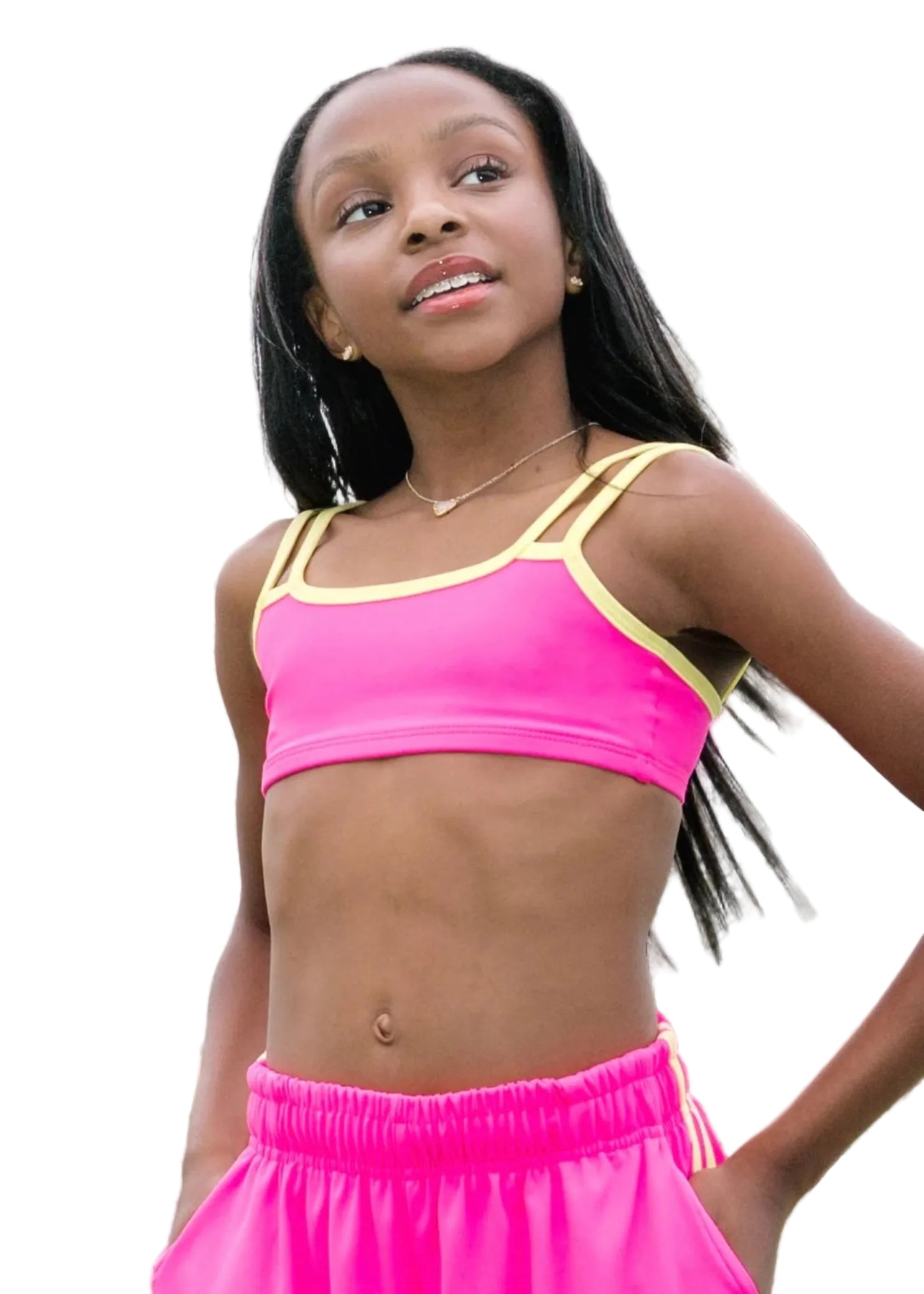 Tiger Friday Firefly Bra in Popsicle, front view showing dance bra with adjustable straps and shelf lining