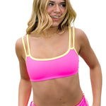 Tiger Friday Firefly Bra in Popsicle, front view showing dance bra fit on second model