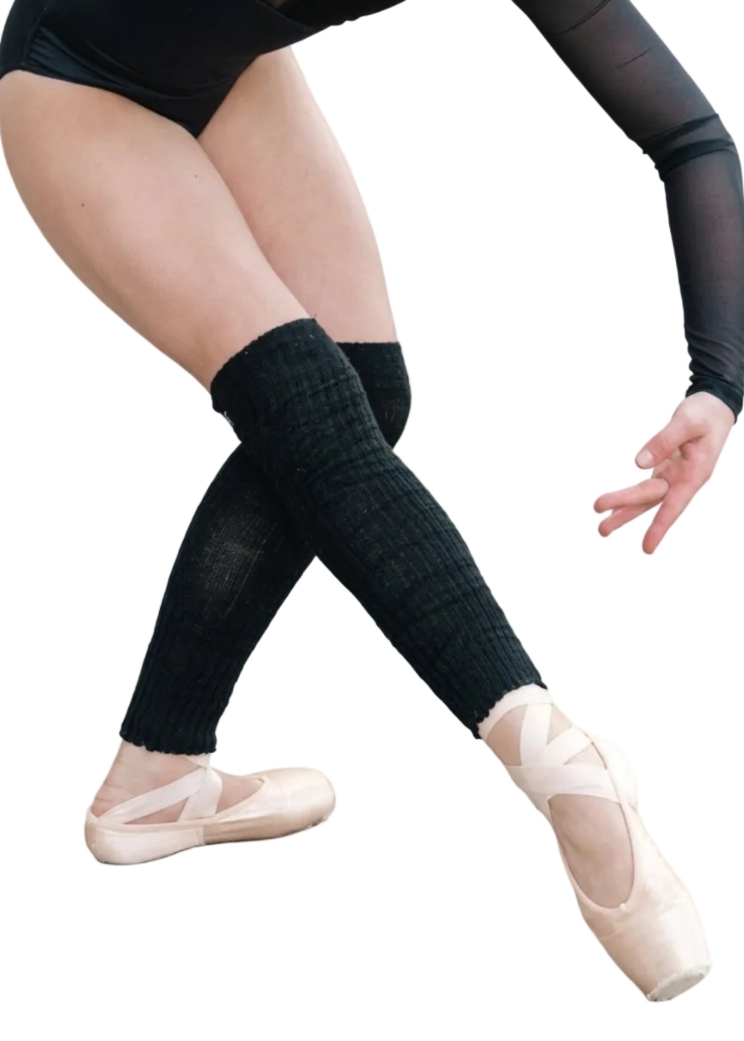 Tiger Friday Fitted Leg Warmer in Black, lifestyle view showing fitted knee-length shape and lettuce-edge ankle trim