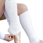 Tiger Friday Fitted Leg Warmer in White, lifestyle view showing fitted knee-length shape and lettuce-edge ankle trim