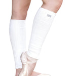 Tiger Friday Fitted Leg Warmer in White, lifestyle view showing ribbed knit and embroidered TF logo patch