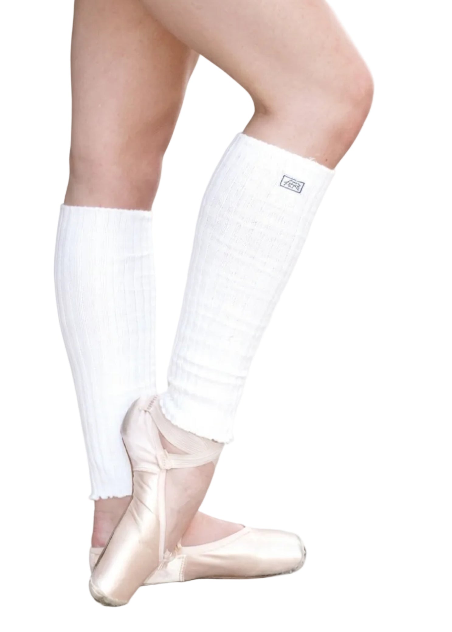Tiger Friday Fitted Leg Warmer in White, lifestyle view showing ribbed knit and embroidered TF logo patch