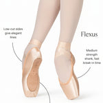 Bloch Flexus Kaia Pointe Shoe in Pink, detail view showing satin upper construction and platform edge