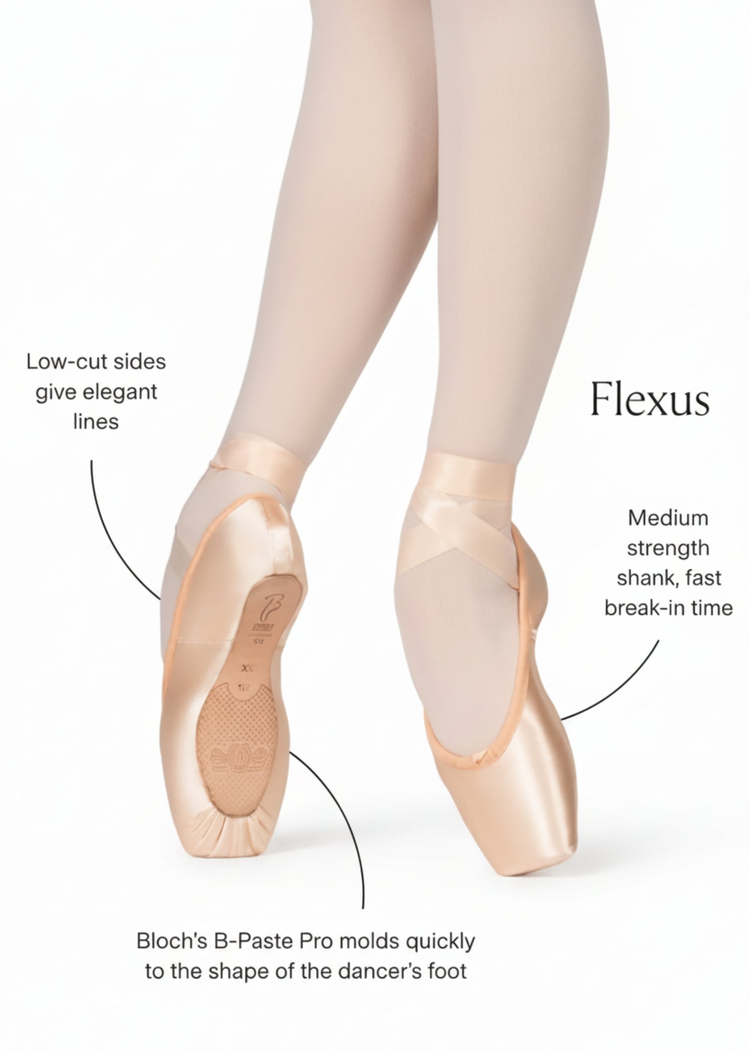 Bloch Flexus Kaia Pointe Shoe in Pink, detail view showing satin upper construction and platform edge