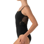 Bloch Floral Cami Leotard in Black, side view showing floral appliqué, sheer mesh panel, and fitted silhouette