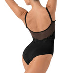 Bloch Floral Cami Leotard in Black, back view showing open mesh back and floral appliqué on cami leotard