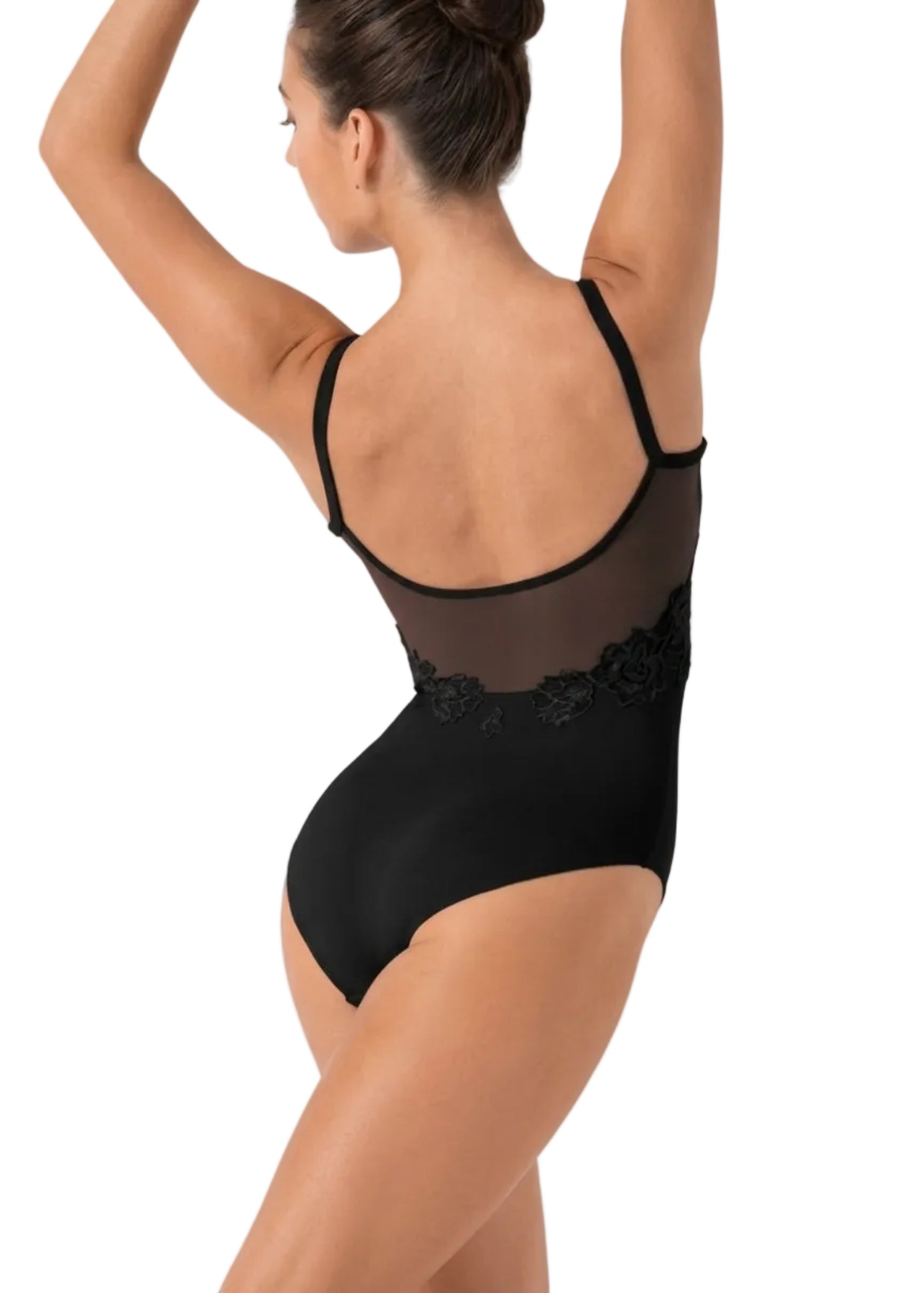 Bloch Floral Cami Leotard in Black, back view showing open mesh back and floral appliqué on cami leotard