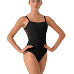 Bloch Floral Cami Leotard in Black, front view showing corset bodice with floral appliqué and sheer mesh panels