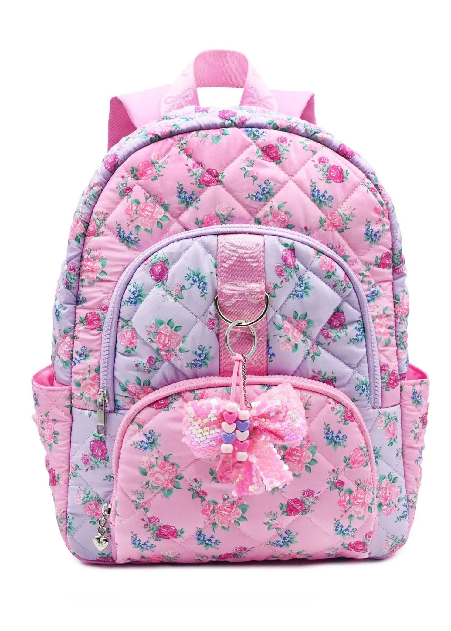 OMG Accessories Polyester/PVC Floral Quilted Large Backpack in Pink, front view showing floral print and bow charm