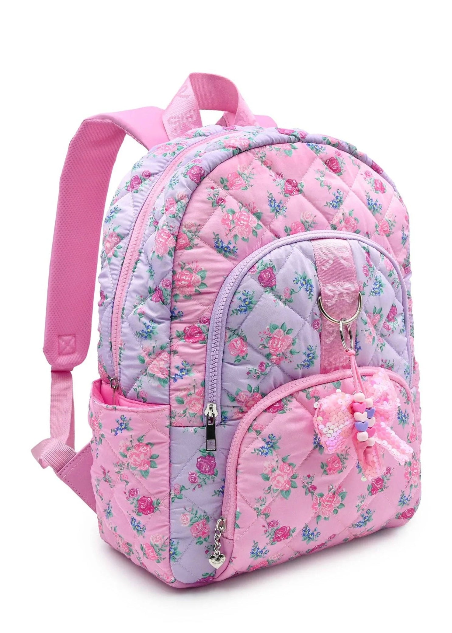 OMG Accessories Polyester/PVC Floral Quilted Large Backpack in Pink, right side view showing bottle pocket and strap