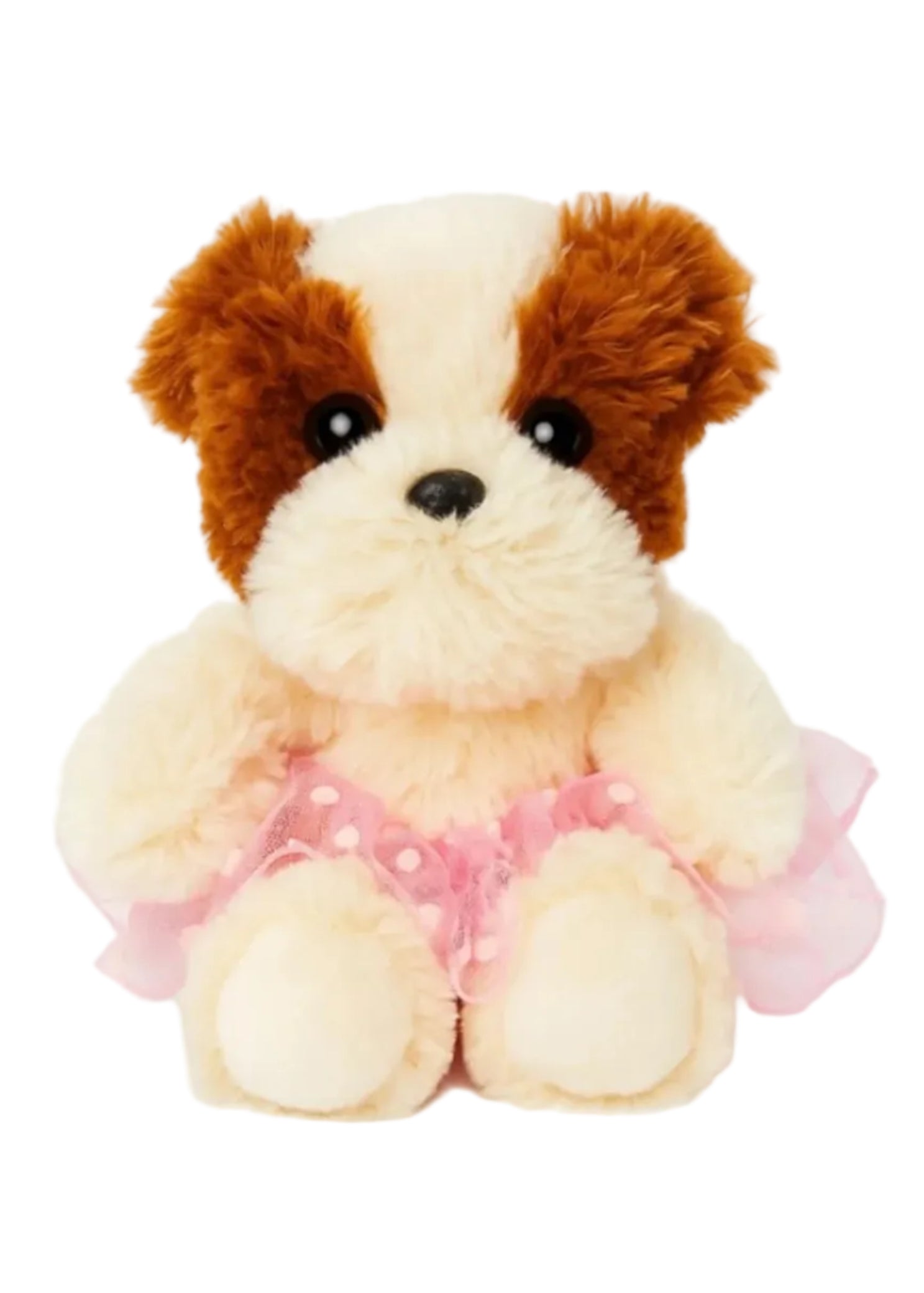 Dasha Designs Fluffy Bulldog in Brown, front view showing soft plush fur and pink polka-dot tutu