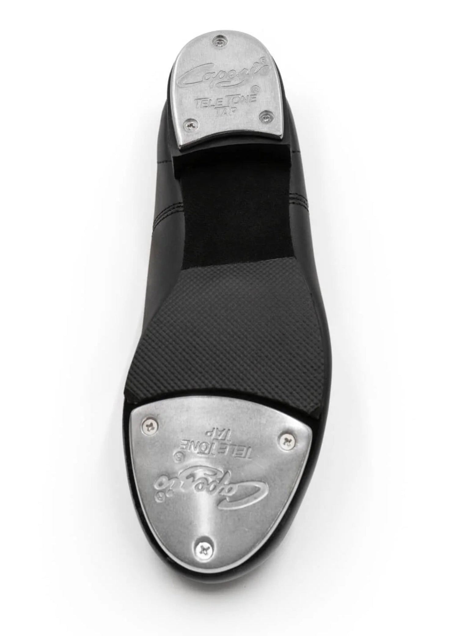 Capezio Fluid Tap Shoe in Black, bottom view showing Tele Tone taps and sole construction