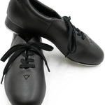 Capezio Fluid Tap Shoe in Black, medial side and front view showing lace-up closure and Tele Tone toe tap