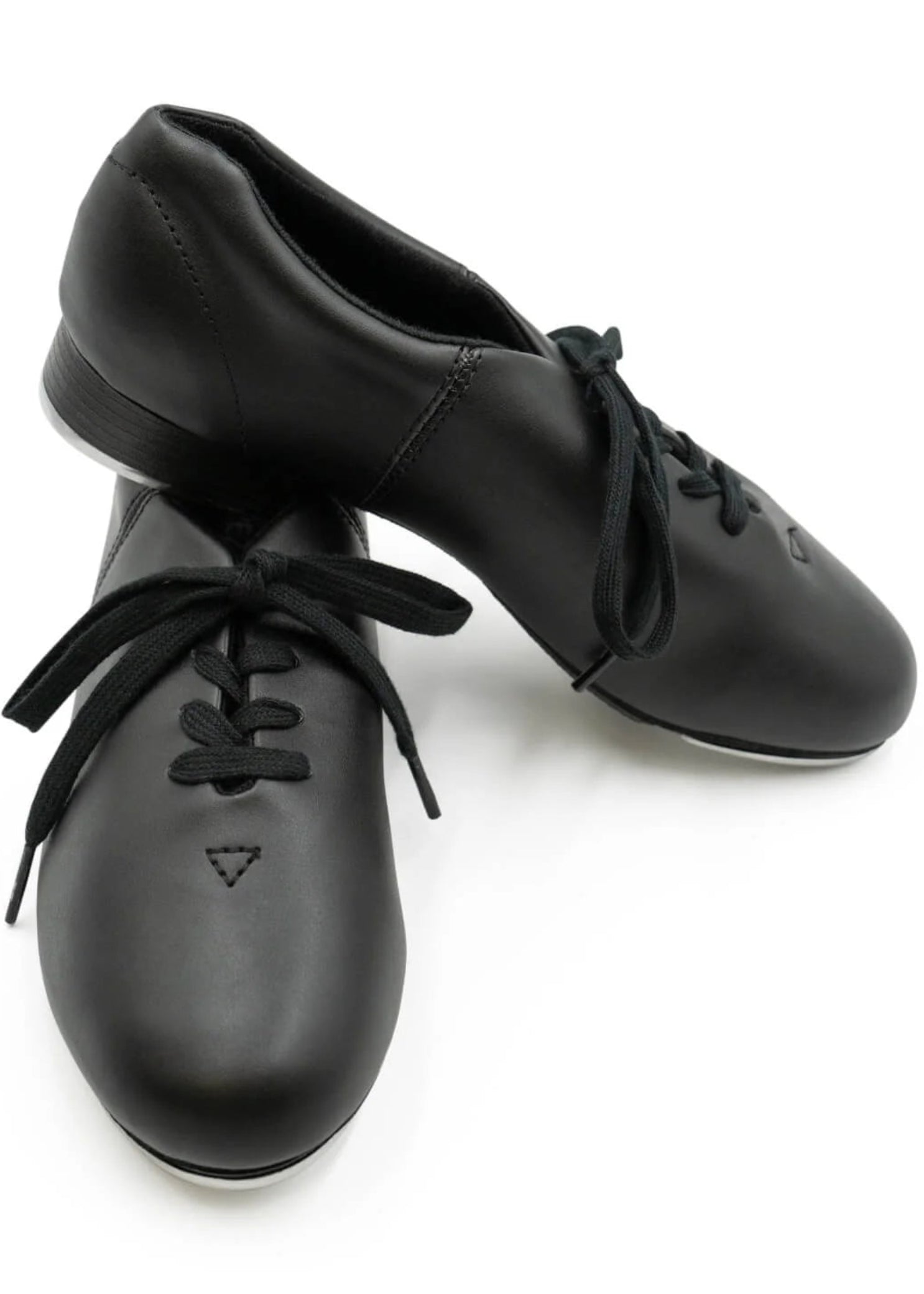 Capezio Fluid Tap Shoe in Black, medial side and front view showing lace-up closure and Tele Tone toe tap