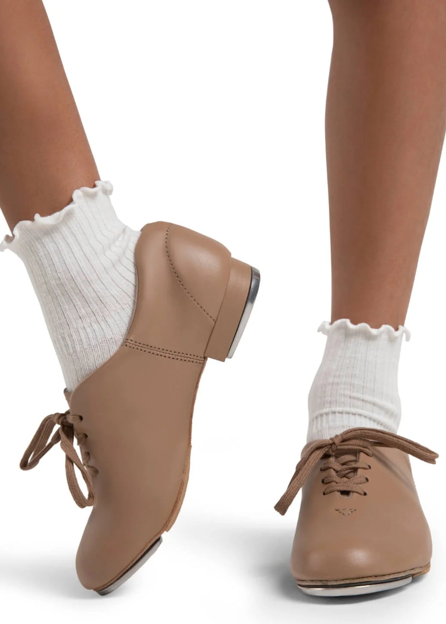 Capezio Fluid Tap Shoe in Caramel, lifestyle view showing lace-up closure and Tele Tone taps