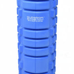 Superior Stretch foam fitness roller in Blue, front view showing 13-inch solid-core roller with dual-zone raised grid texture and hollow open-end design