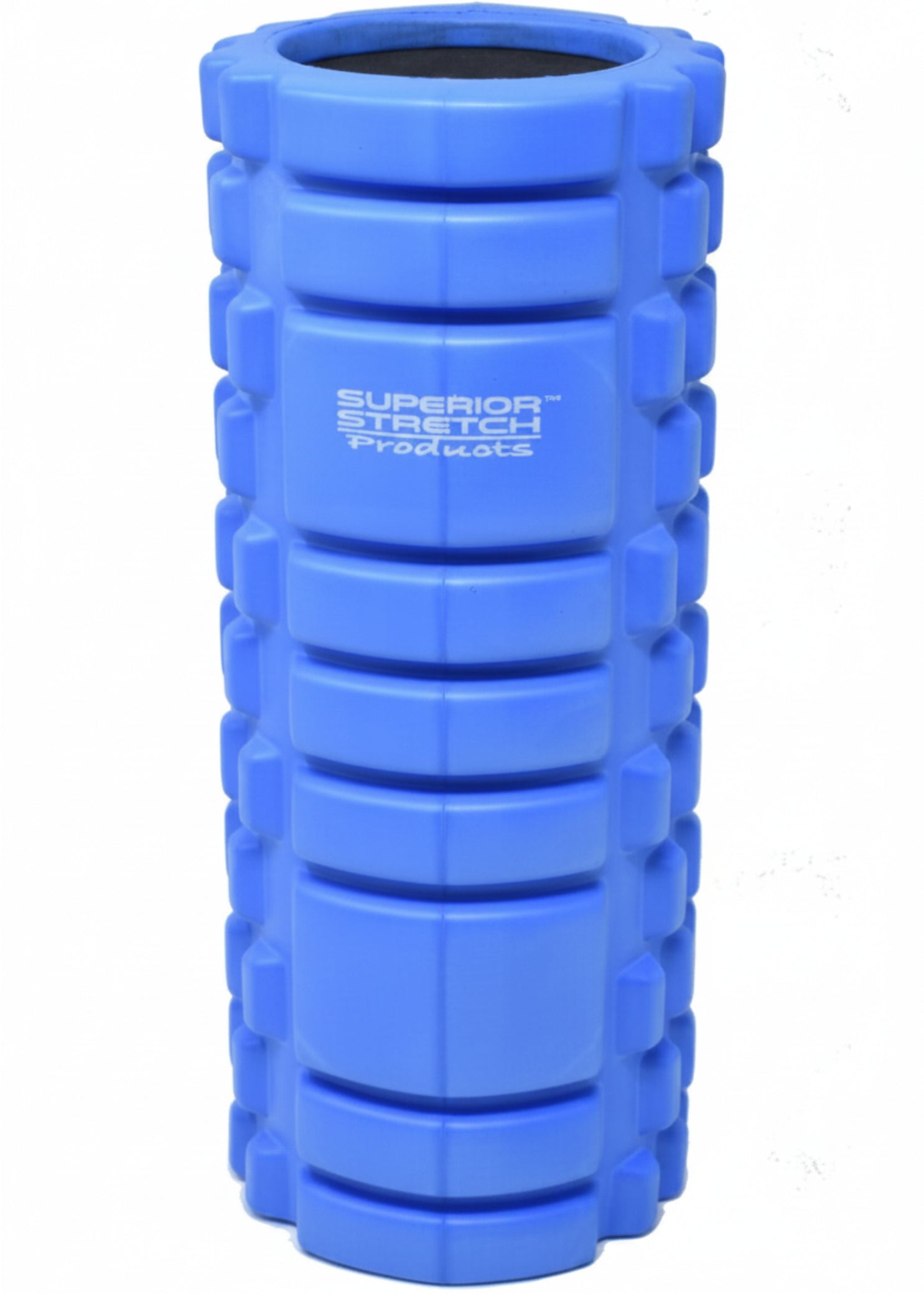 Superior Stretch foam fitness roller in Blue, front view showing 13-inch solid-core roller with dual-zone raised grid texture and hollow open-end design