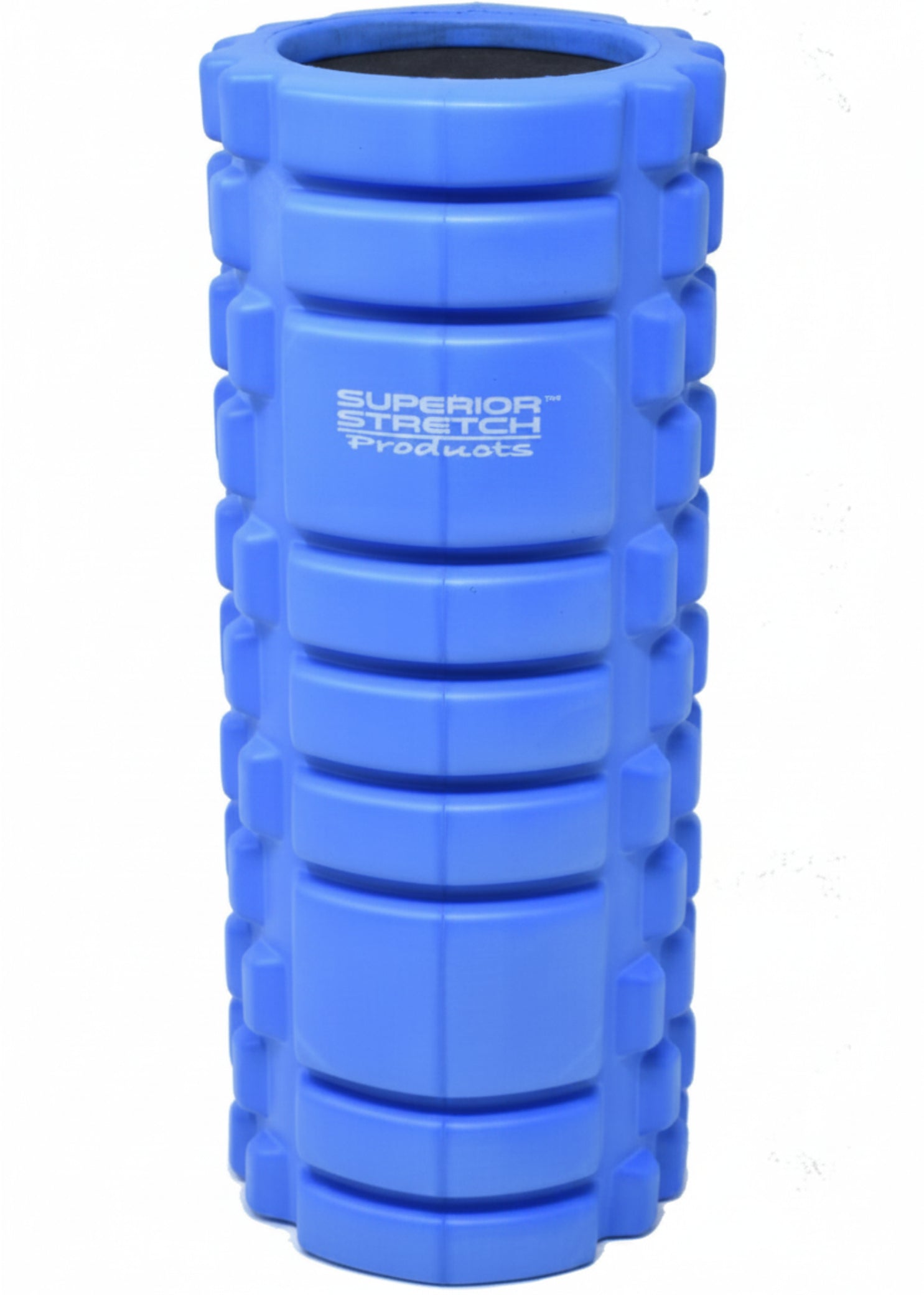 Superior Stretch foam fitness roller in Blue, front view showing 13-inch solid-core roller with dual-zone raised grid texture and hollow open-end design