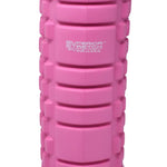 Superior Stretch foam fitness roller in Pink, front view showing 13-inch solid-core roller with dual-zone raised grid texture and hollow open-end design