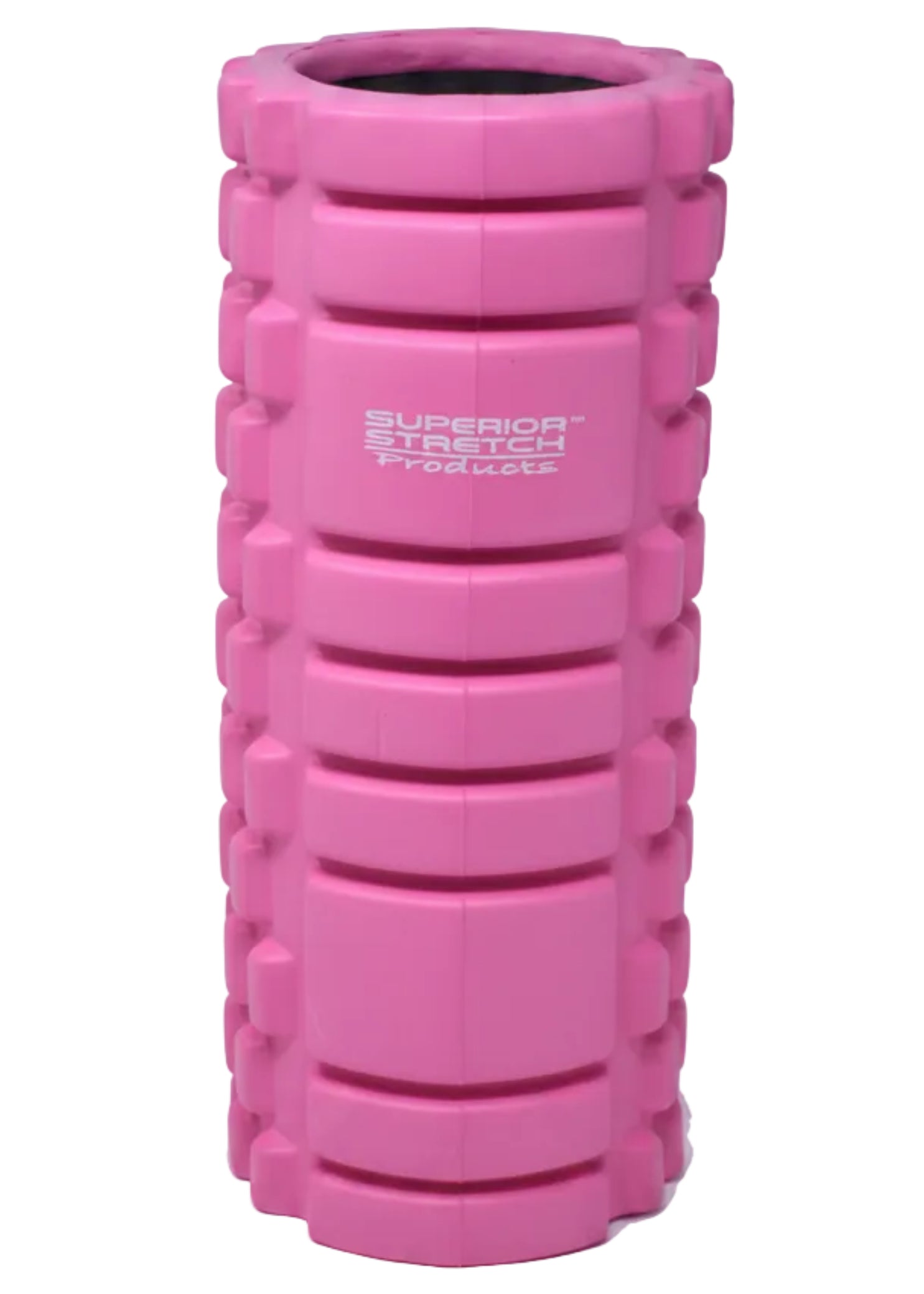 Superior Stretch foam fitness roller in Pink, front view showing 13-inch solid-core roller with dual-zone raised grid texture and hollow open-end design