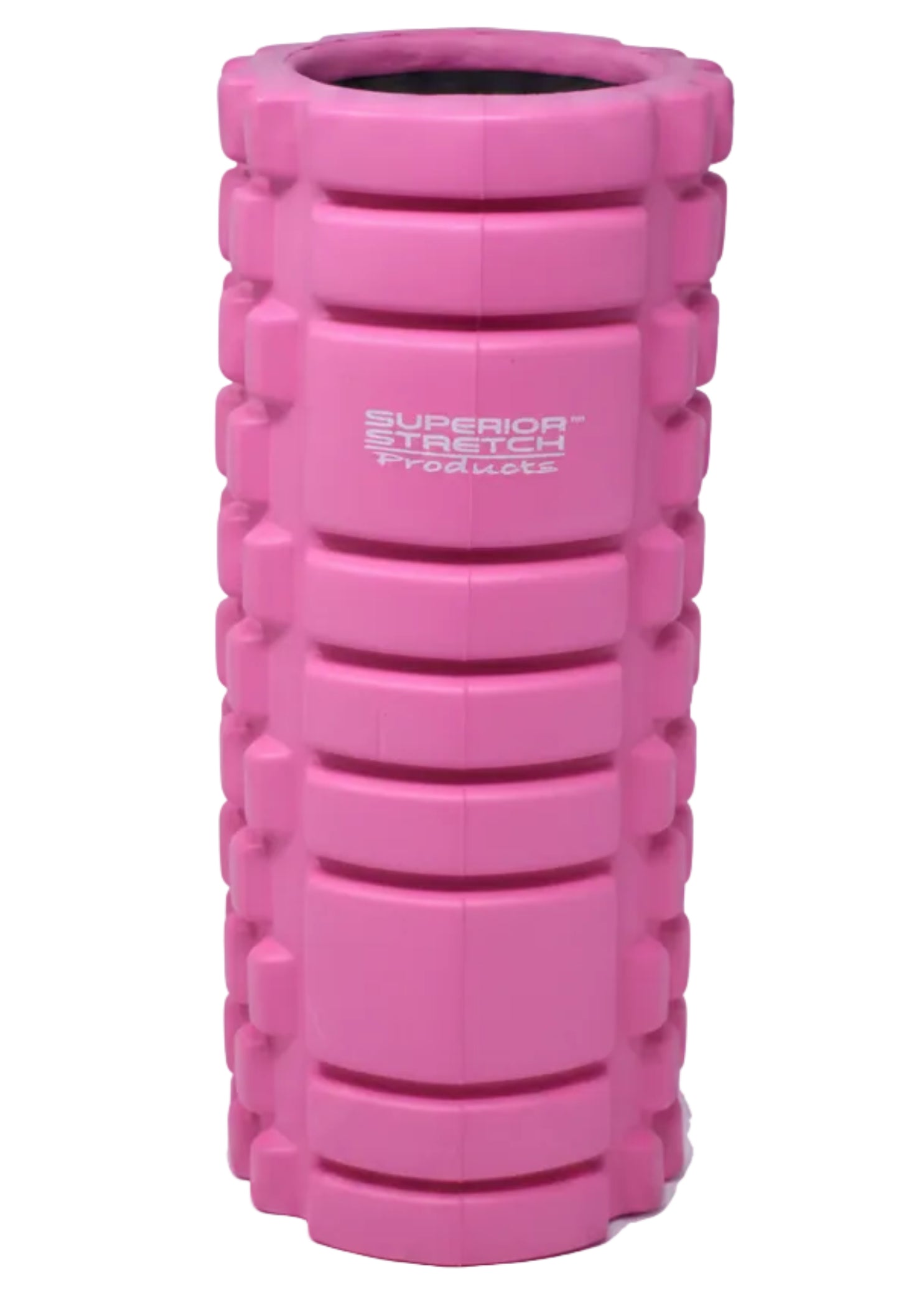 Superior Stretch foam fitness roller in Pink, front view showing 13-inch solid-core roller with dual-zone raised grid texture and hollow open-end design