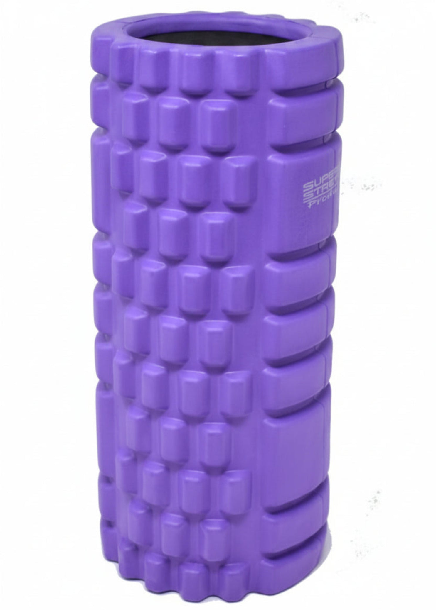 Superior Stretch foam fitness roller in Purple, front view showing 13-inch solid-core roller with dual-zone raised grid texture and hollow open-end design