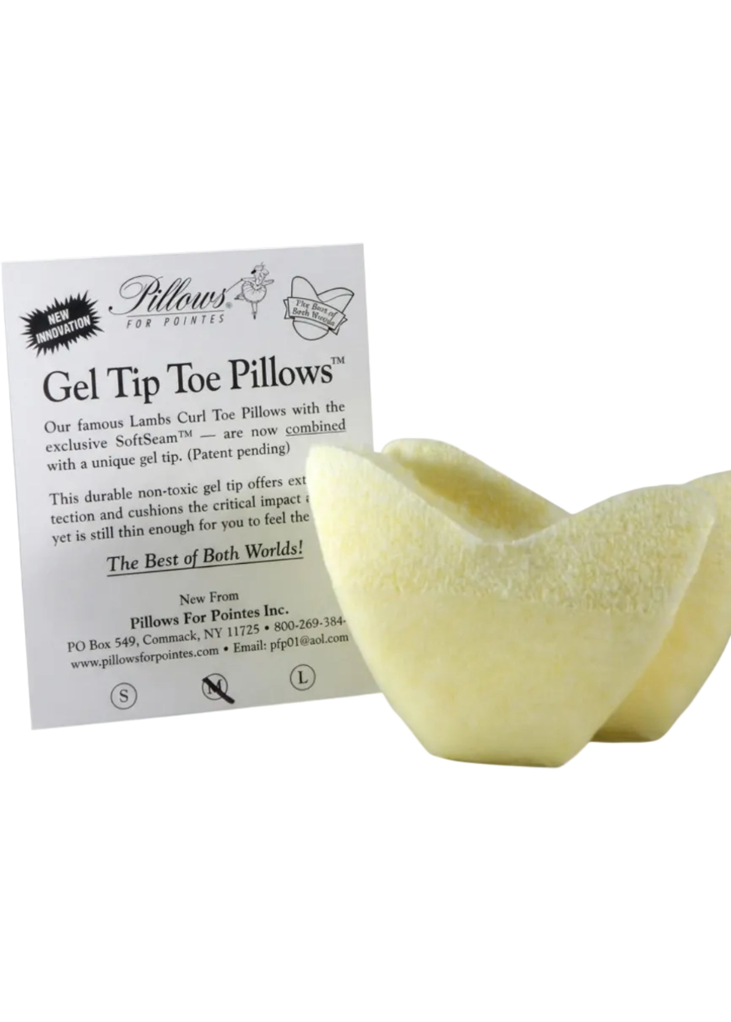 Pillows for Pointes Gel Tip Toe Pillows, packaging front view showing polyester toe cushions beside insert card