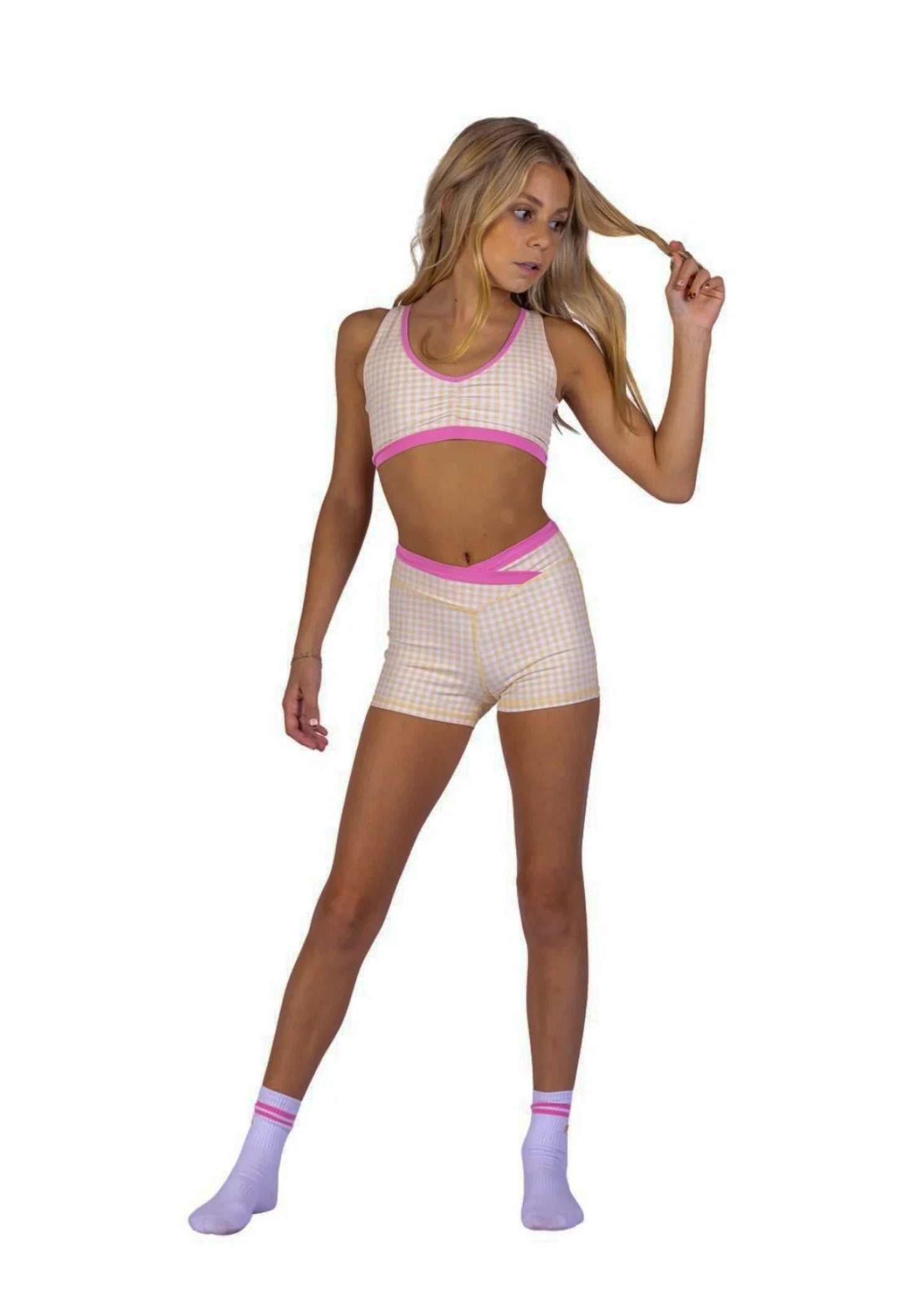 XO Dance Company Gingham Criss Cross Top in Butter, front view showing V-cut neckline and contrast trim
