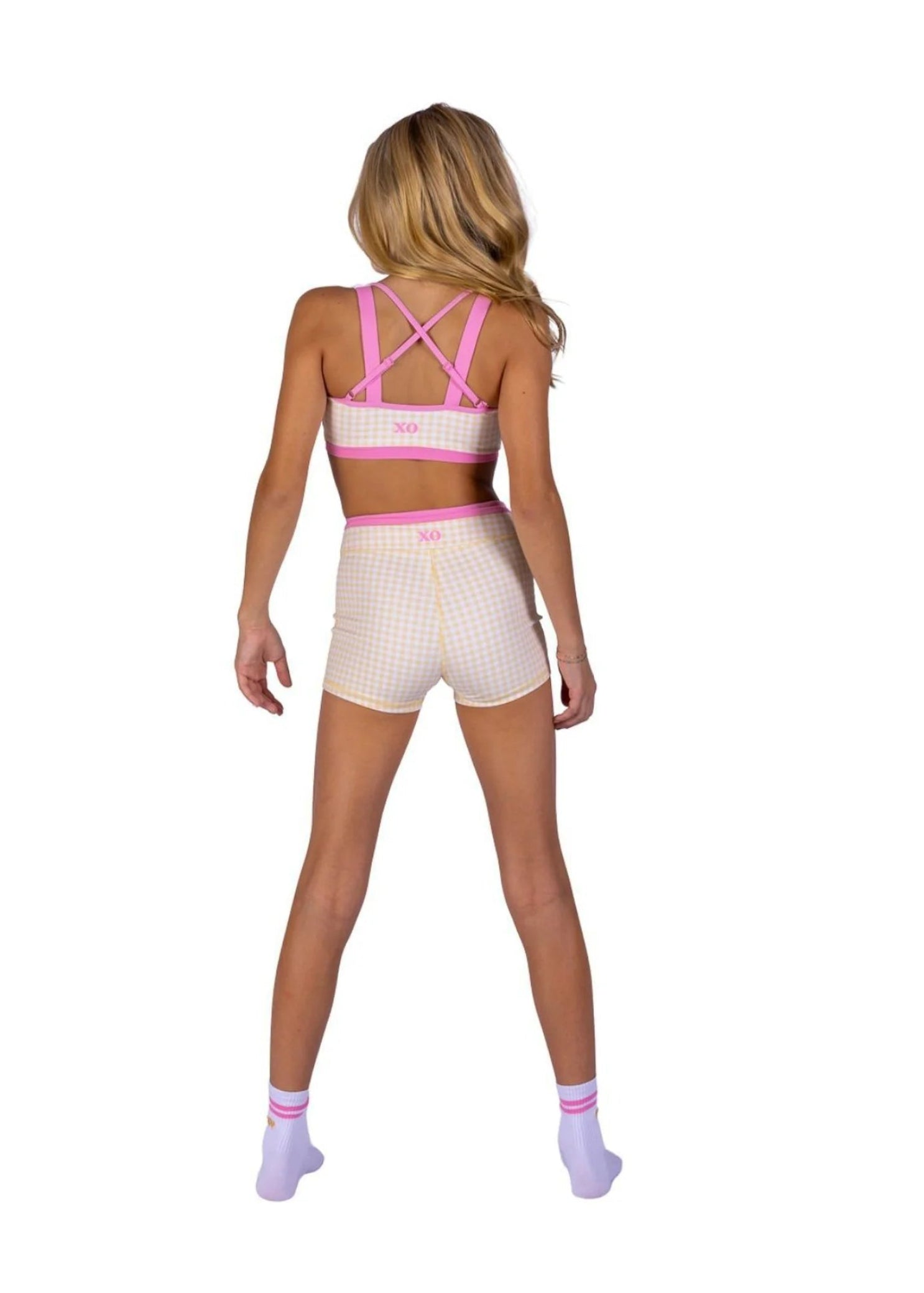 XO Dance Company Gingham V Short in Butter, back view showing gingham print, contrast waistband and fitted cut