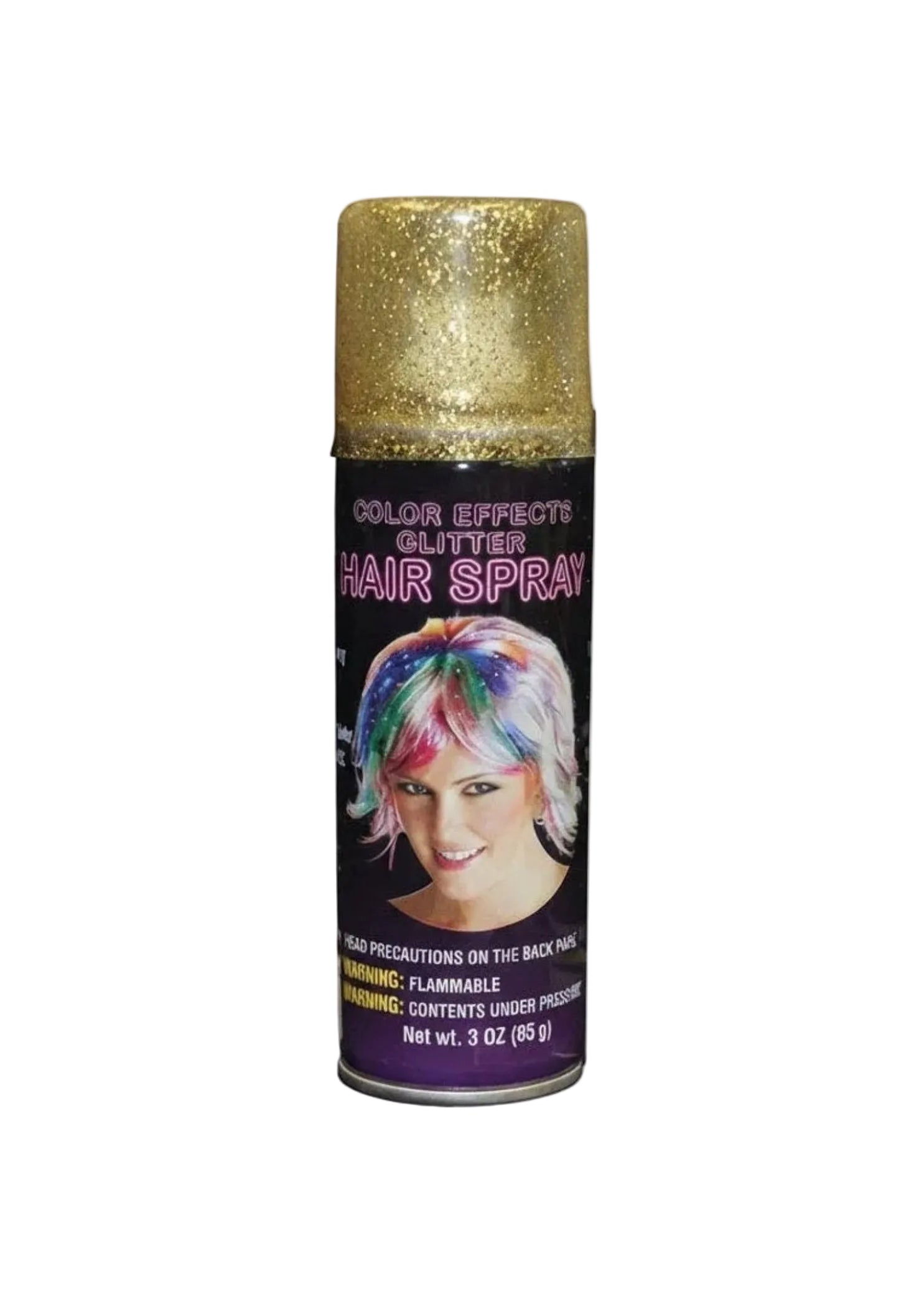 Thank You Very Much Glitter Aerosol in Gold, front view showing fine mist glitter spray for hair and costumes