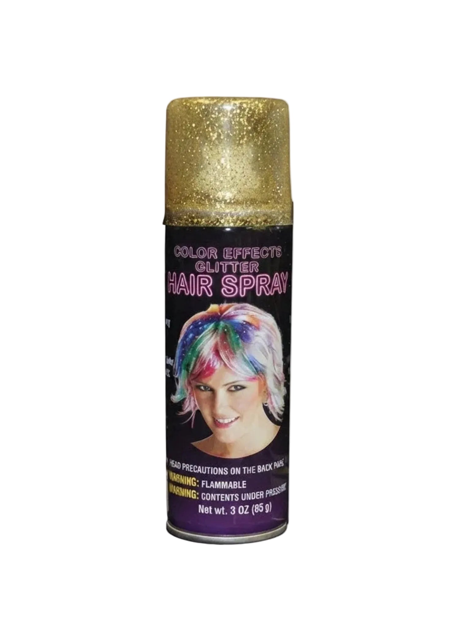 Thank You Very Much Glitter Aerosol in Gold, front view showing fine mist glitter spray for hair and costumes