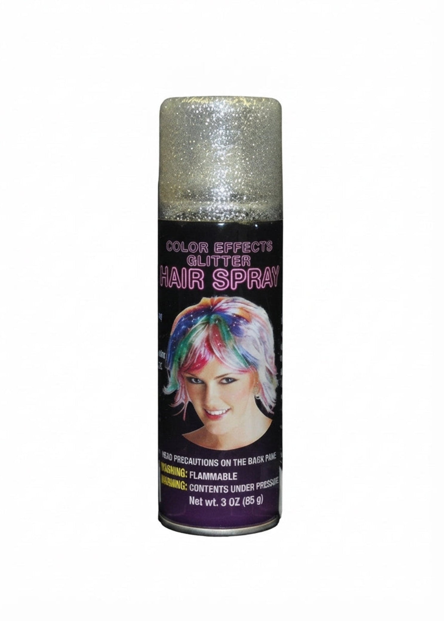 Thank You Very Much Glitter Aerosol in Silver, front view showing fine mist glitter spray for hair and costumes