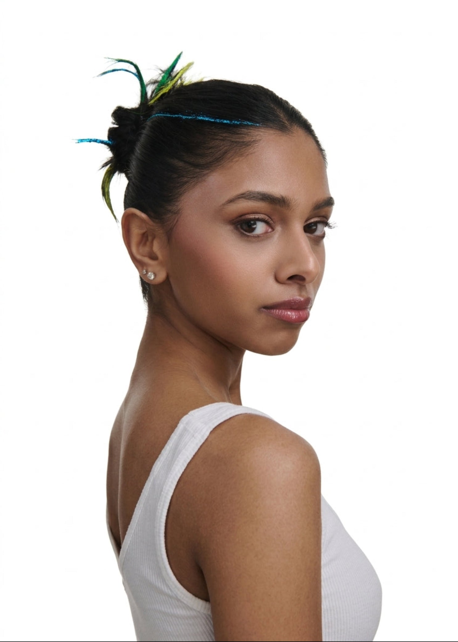 Hally Hair Glitter Hair Shade Stix in Blue, lifestyle view showing sparkling streaks in hair