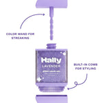 Hally Hair Glitter Hair Shade Stix in Lavender, parts guide view showing application wand and built-in comb