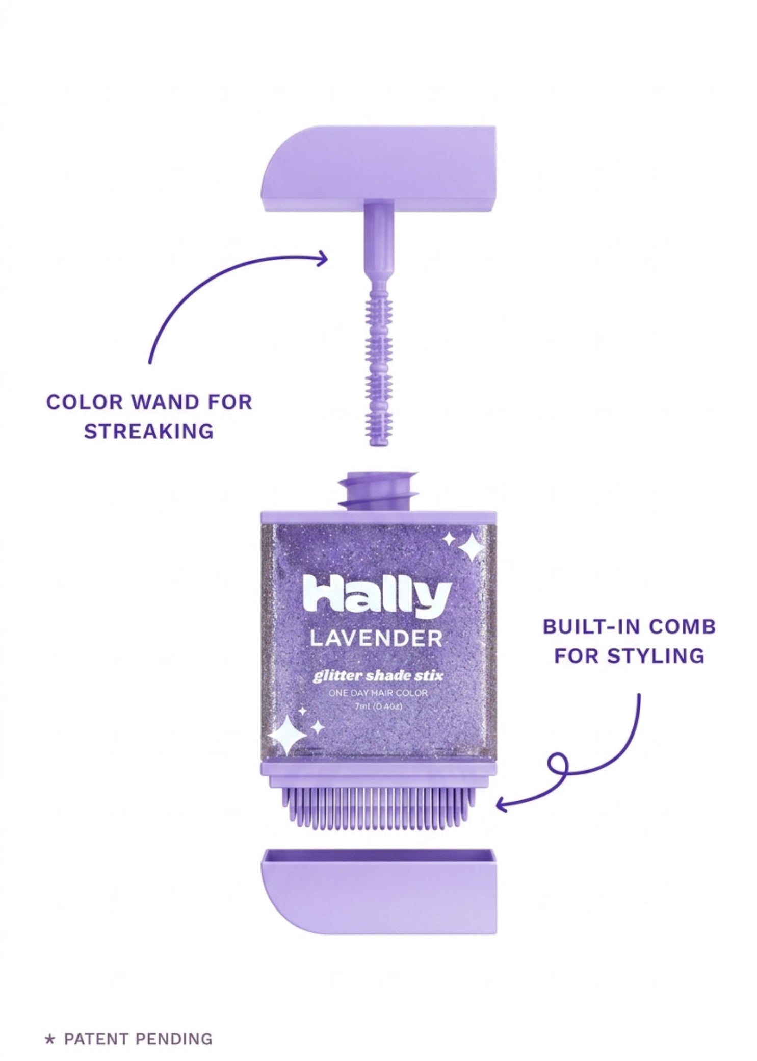 Hally Hair Glitter Hair Shade Stix in Lavender, parts guide view showing application wand and built-in comb