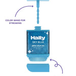 Hally Hair Glitter Hair Shade Stix in Blue, parts guide view showing application wand and built-in comb