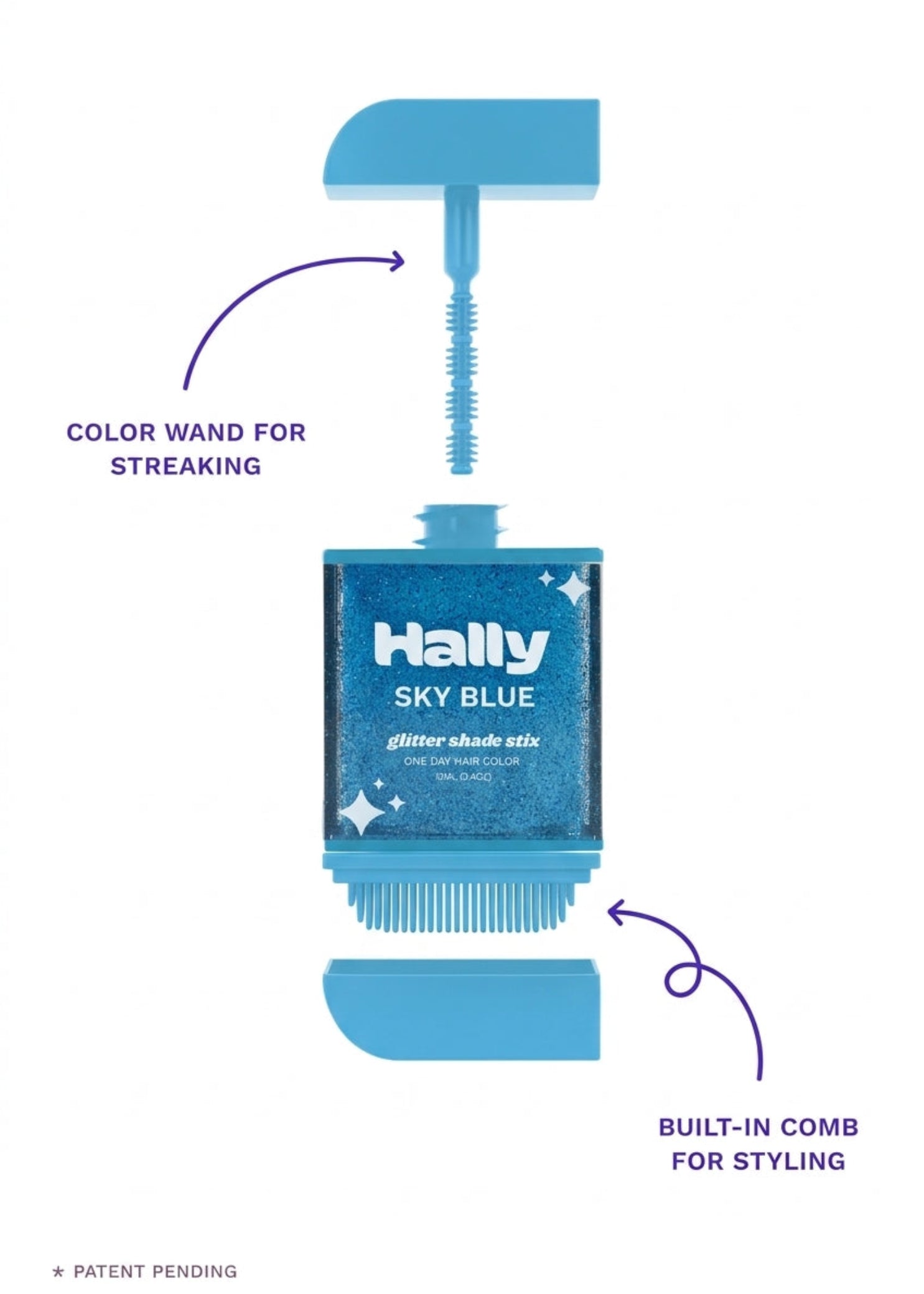 Hally Hair Glitter Hair Shade Stix in Blue, parts guide view showing application wand and built-in comb
