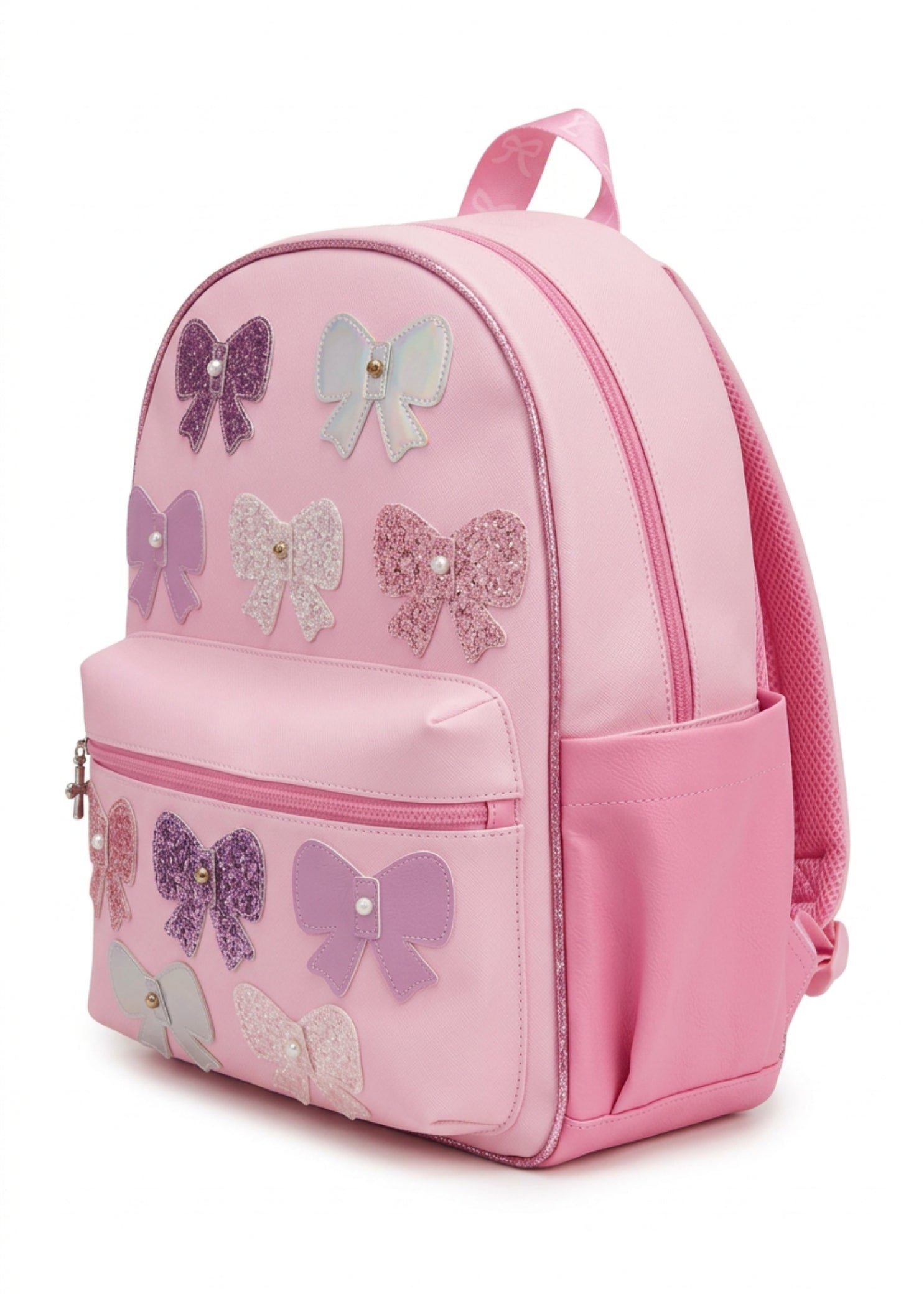 OMG Accessories Glitter Bow Large Backpack in Pink, lifestyle view showing iridescent bows and glitter trim