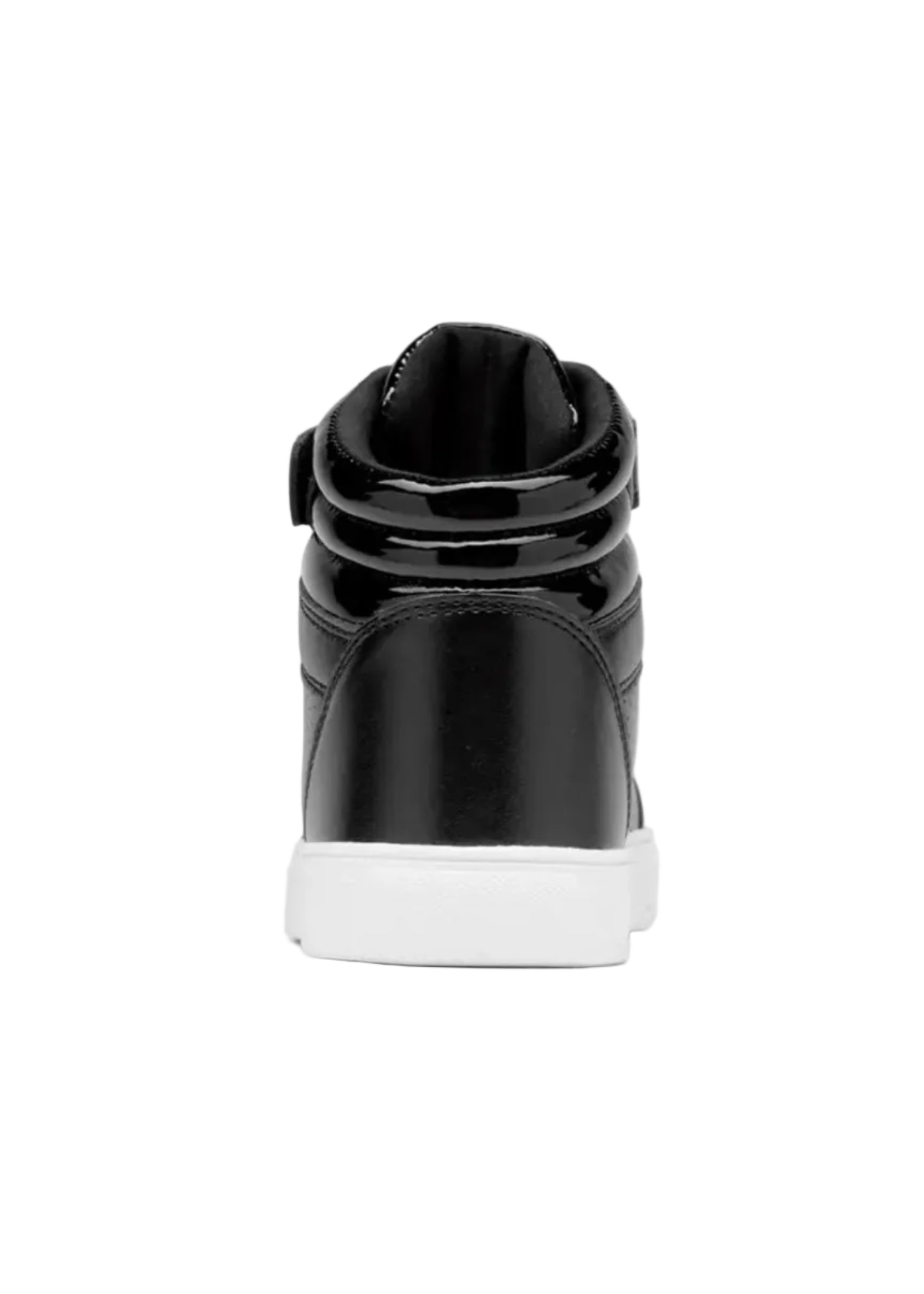 Weissman Gloss Boss Dance Sneaker in Black, back view showing ankle strap and cushioned sole construction