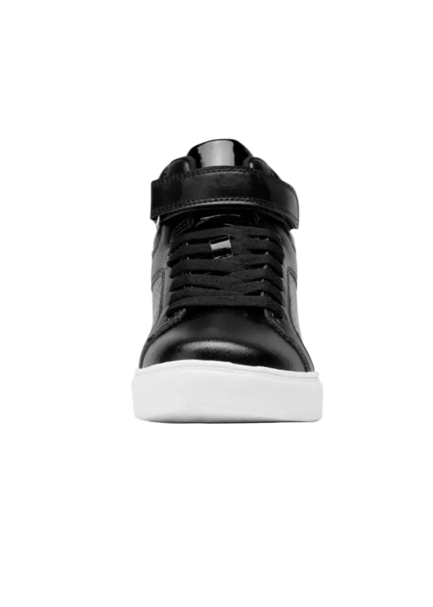 Weissman Gloss Boss Dance Sneaker in Black, front view showing glossy leather upper with lace-up closure and ankle strap