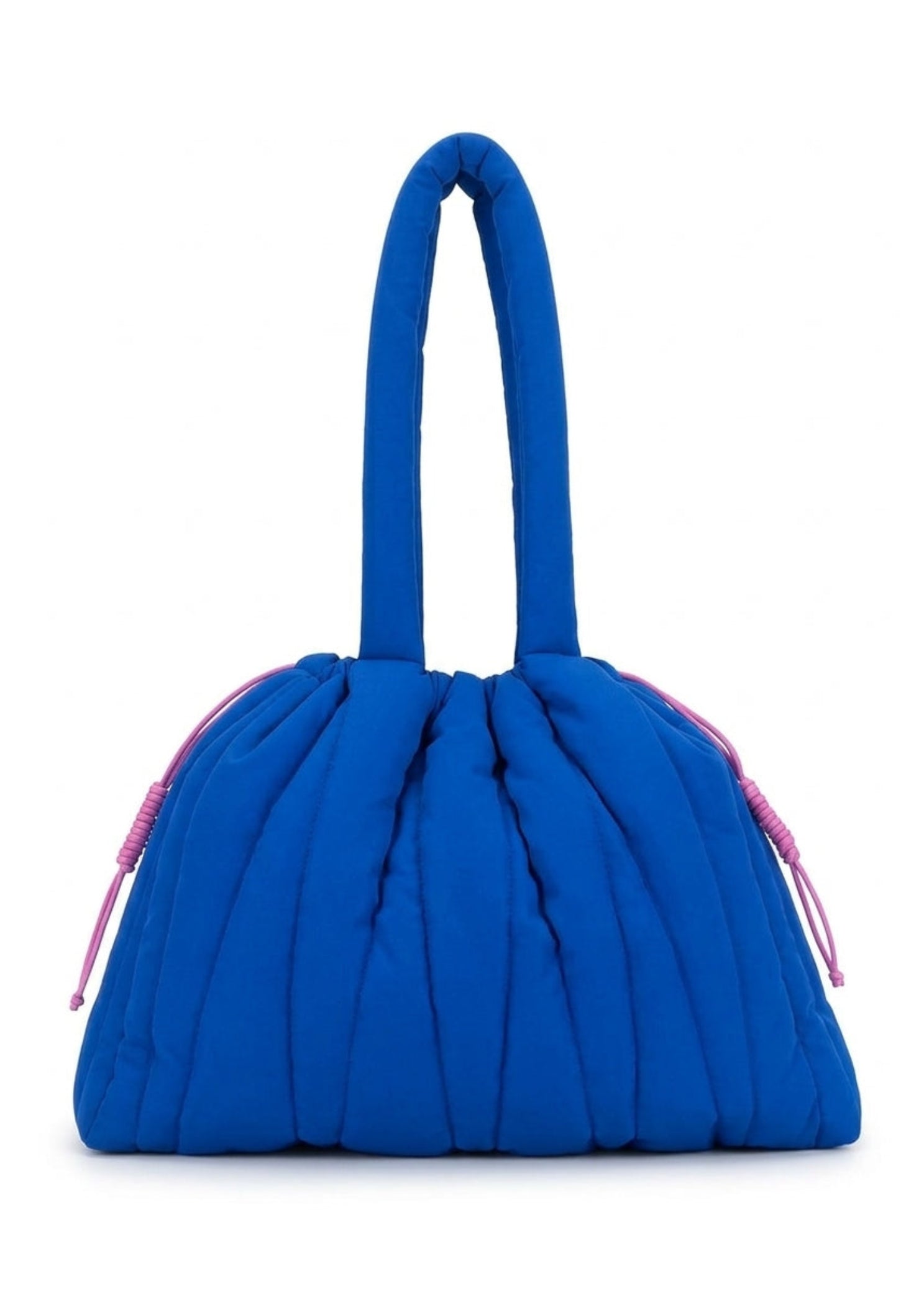 Every Turn Go-Getter Bag in Cobalt, front view showing quilted exterior and pink contrast drawcord closure
