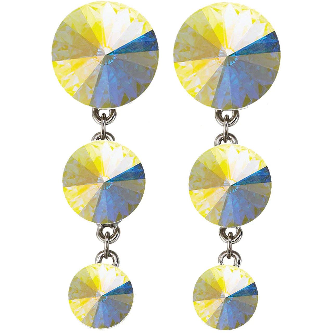 Rhinestones Unlimited graduated drop earrings in Crystal AB, front view showing three descending round iridescent aurora borealis rivoli crystals linked by silver-tone jump rings in clip-on or post backing