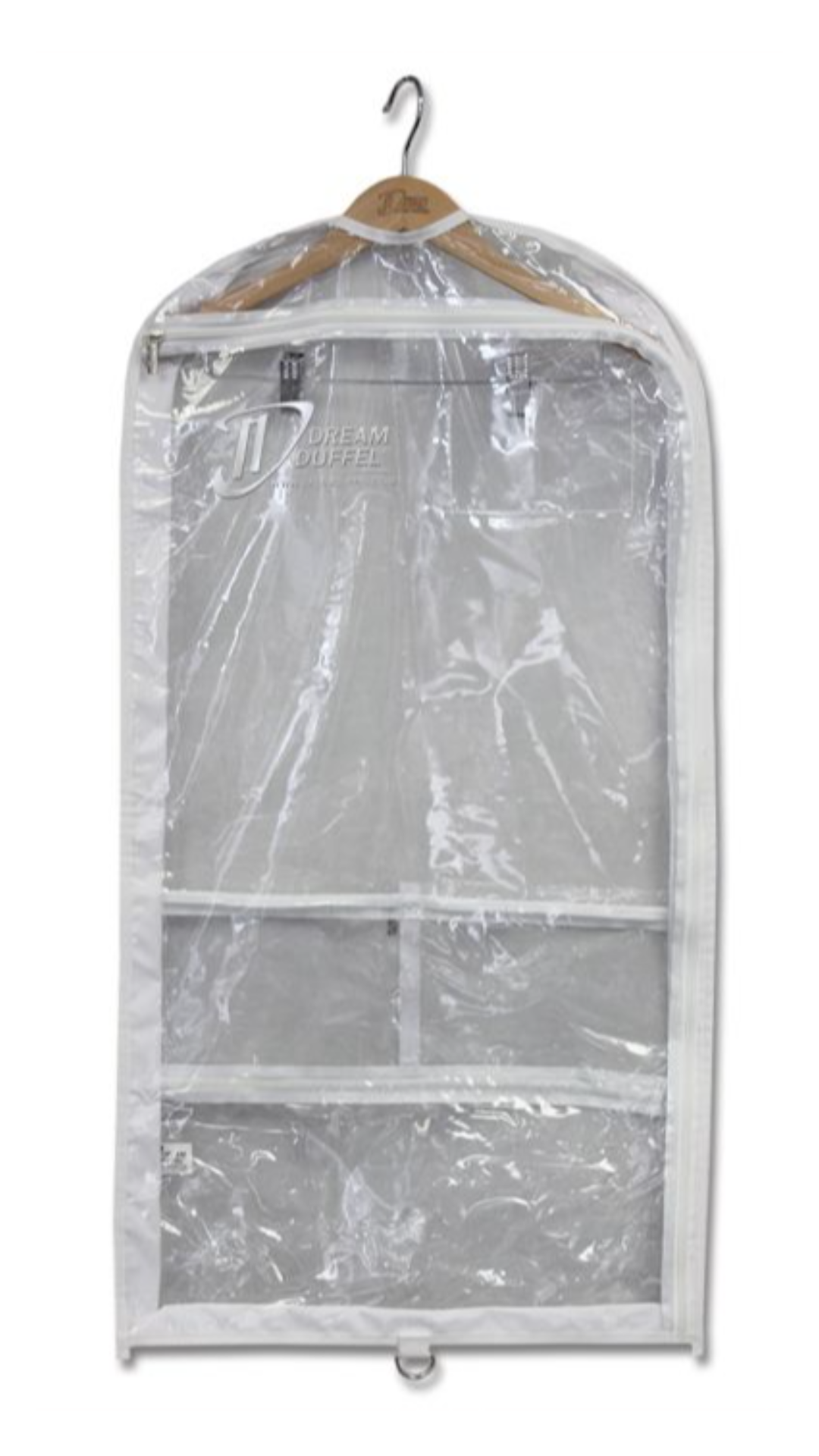 Clear garment bag on a hanger with a white background