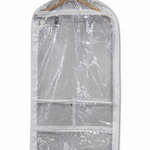 Clear garment bag on a hanger with a white background