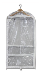 Clear garment bag on a hanger with a white background