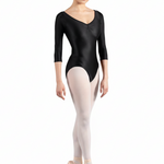 V-Neck 3/4 Sleeve Leotard Black front view