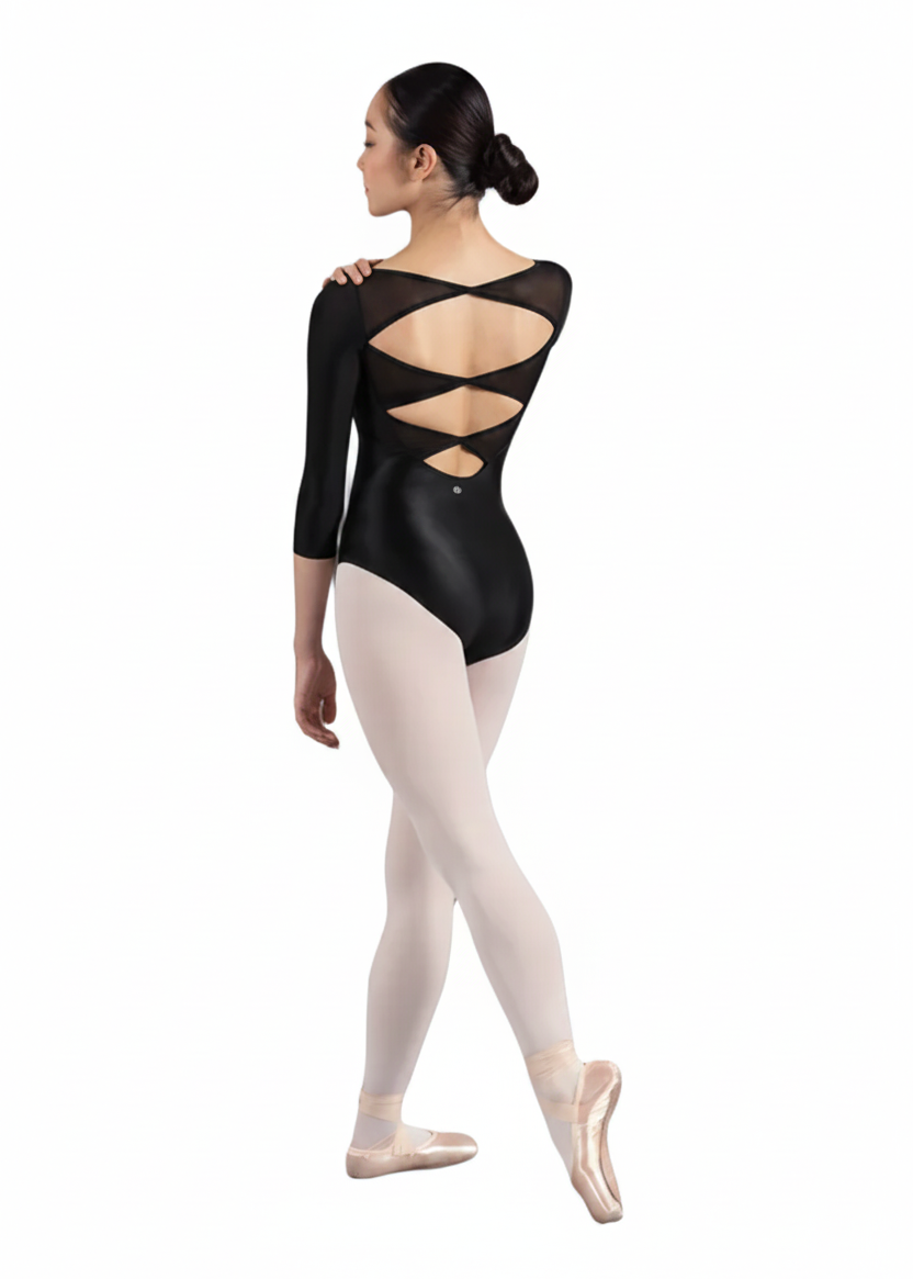 V-Neck 3/4 Sleeve Leotard Black back view
