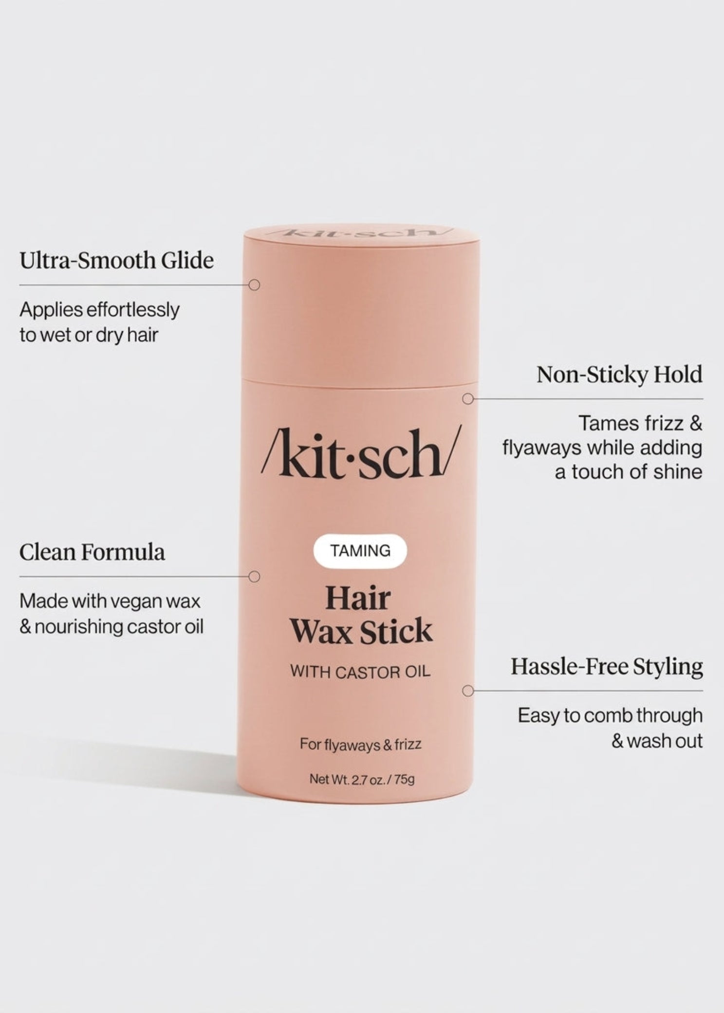 Kitsch Hair Wax Stick in Beige, detail view showing wax tip and twist-up applicator construction