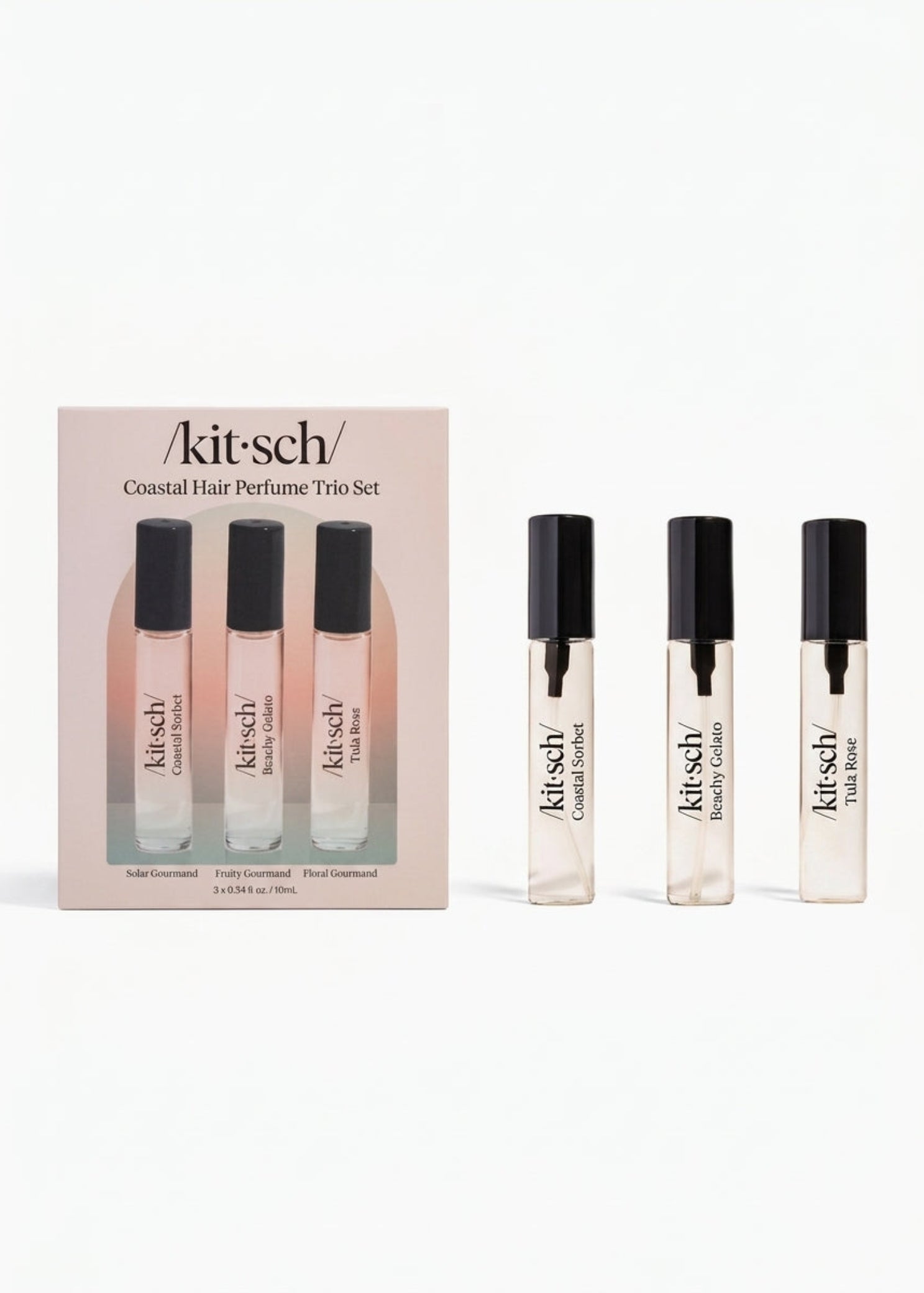Kitsch Hair Perfume Trio, front view showing roller bottles alongside retail packaging box