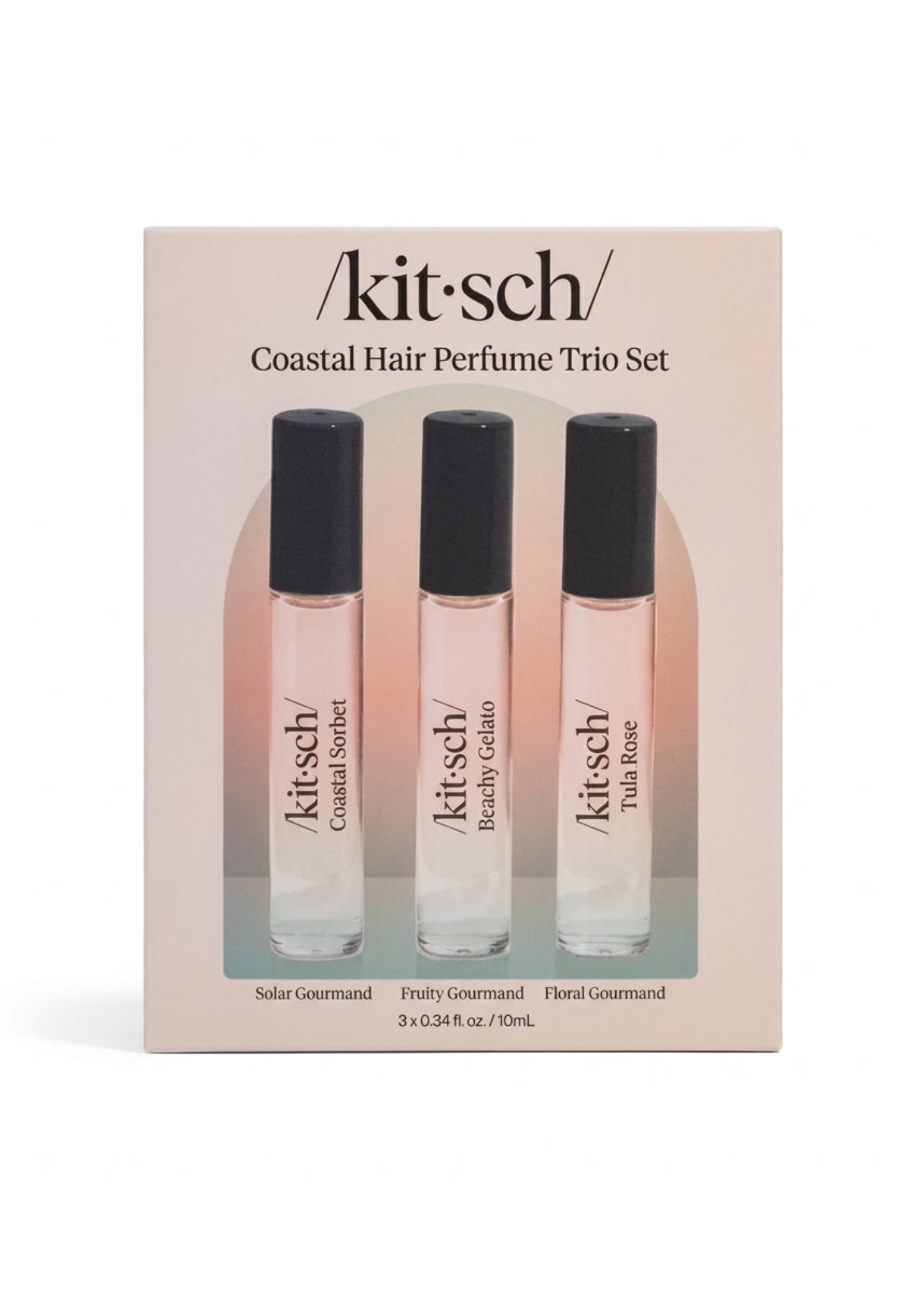 Kitsch Hair Perfume Trio, packaging view showing three glass roller bottles with retail box